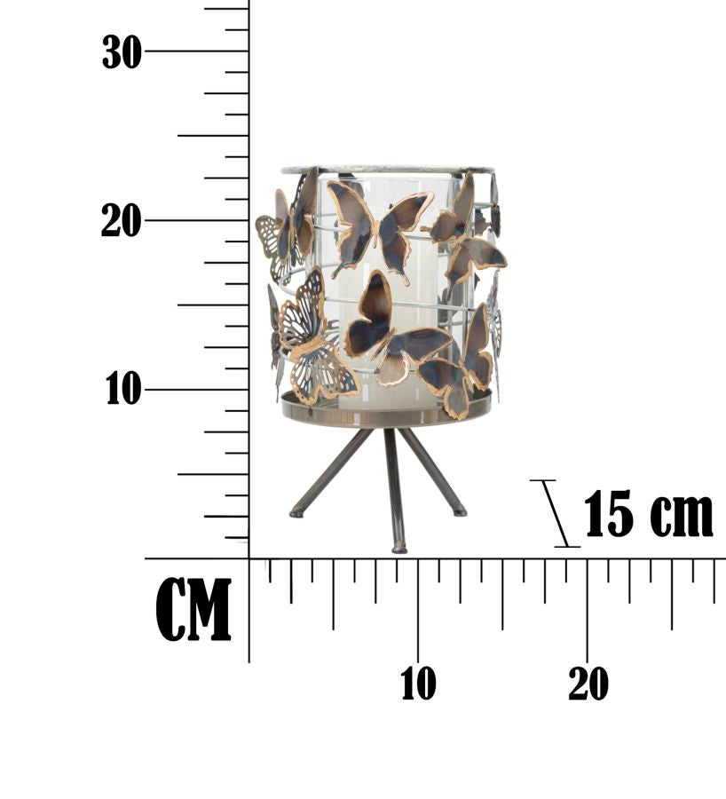 Portacandele Decorativo Farfalle in Metallo e Vetro 15x23,3 cm
