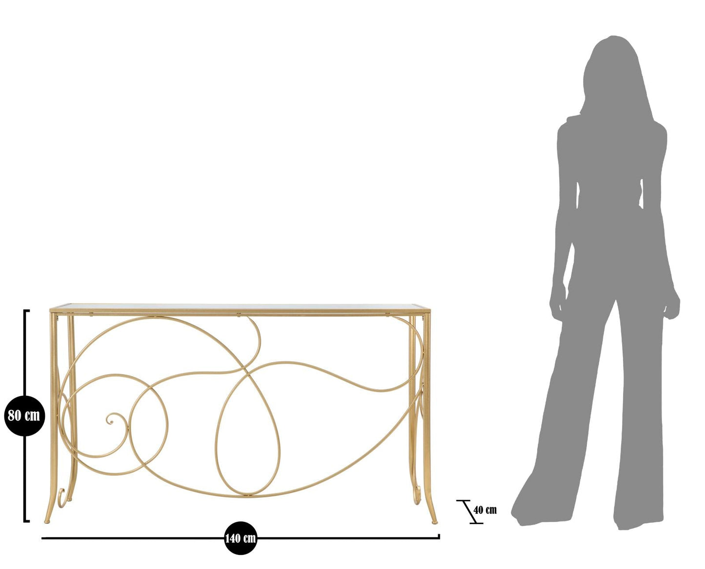 Elegante Konsole aus vergoldetem Metall mit Spiegelglasplatte 140x40x80