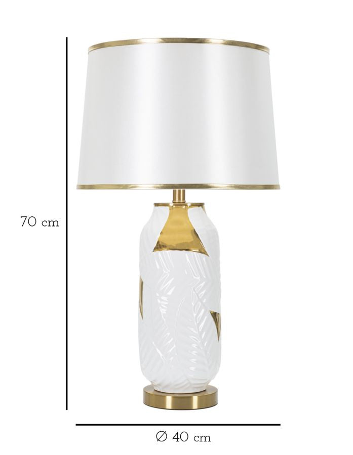 Lampada da tavolo in ceramica elegante con paralume bianco e dorato cm ø 40x70