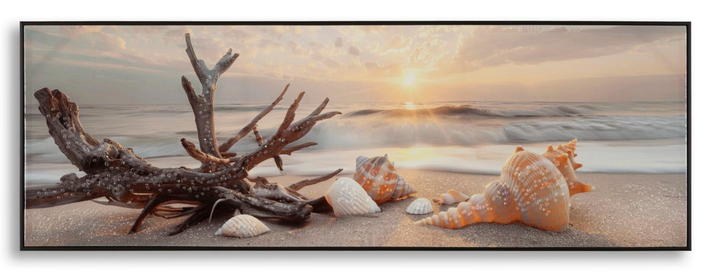 Stampa dipinta su tela laccata beach c/cornice cm fir wood, canvas and plas