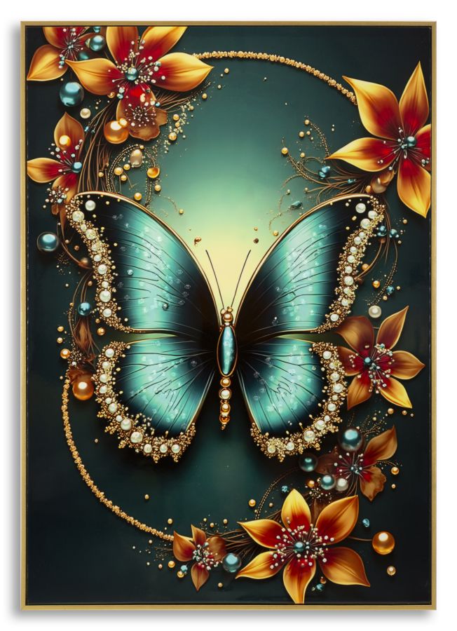 Stampa decorata su tela laccata c/cornice butterly cm fir wood, canvas and