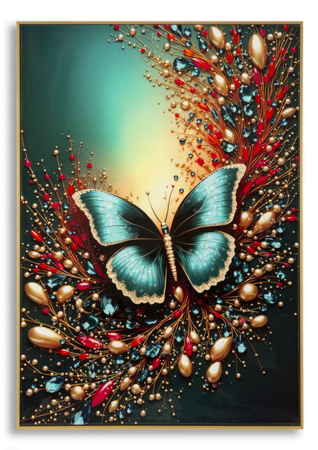 Stampa decorata su tela laccata c/cornice butterly cm fir wood, canvas and