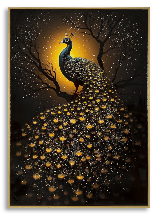 Stampa decorata su tela laccata c/cornice peacock cm fir wood, canvas and p