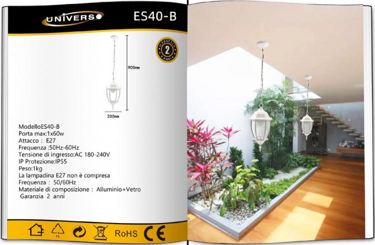 Lanterna Da Soffitto Sospensione Con Catena Lampada Giardino Attacco E27/Bianco