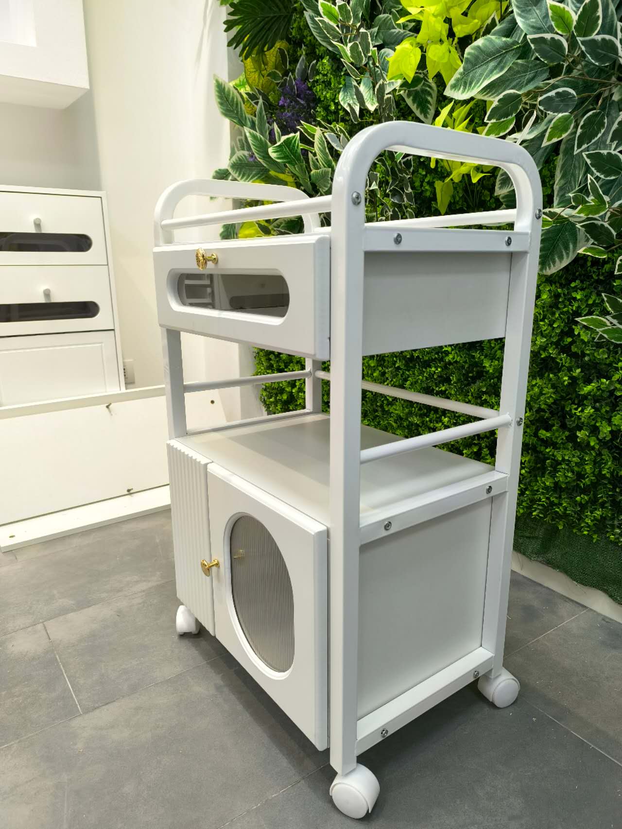 Rollwagen für Schönheitsstudio, mit Rollen und 1 Schublade, 1 durchsichtiges Schränkchen, weißer Rollwagen, Rollwagen für Schönheitssalon, moderner Arbeitswagen für Badezimmer, Wohnzimmer