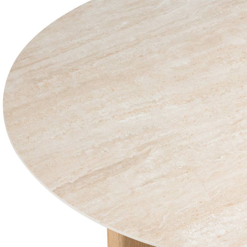 Tavolino KLIMANTO 90 cm, rotondo, travertino/quercia
