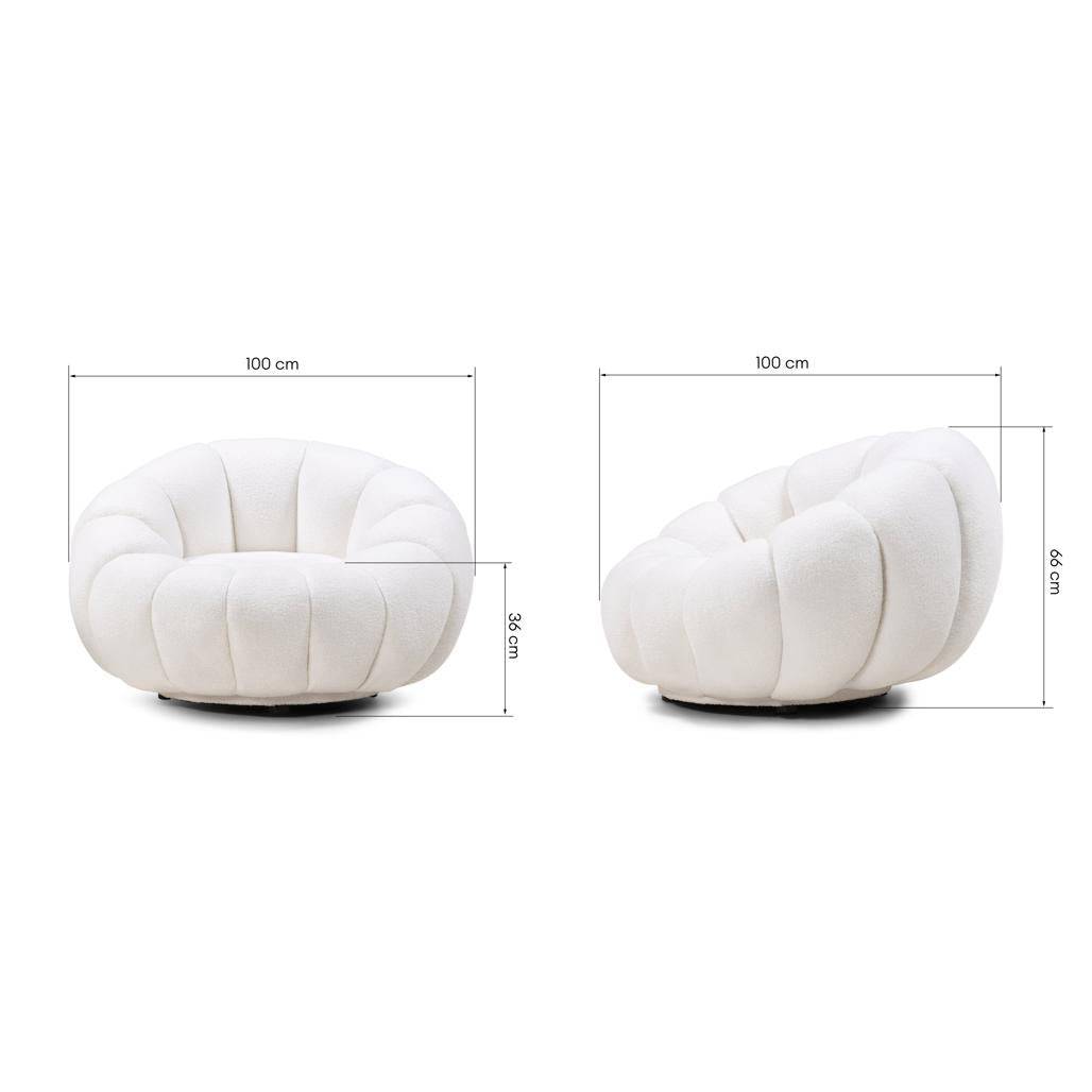 Poltrona girevole LOEL bianca, bouclé, forme arrotondate