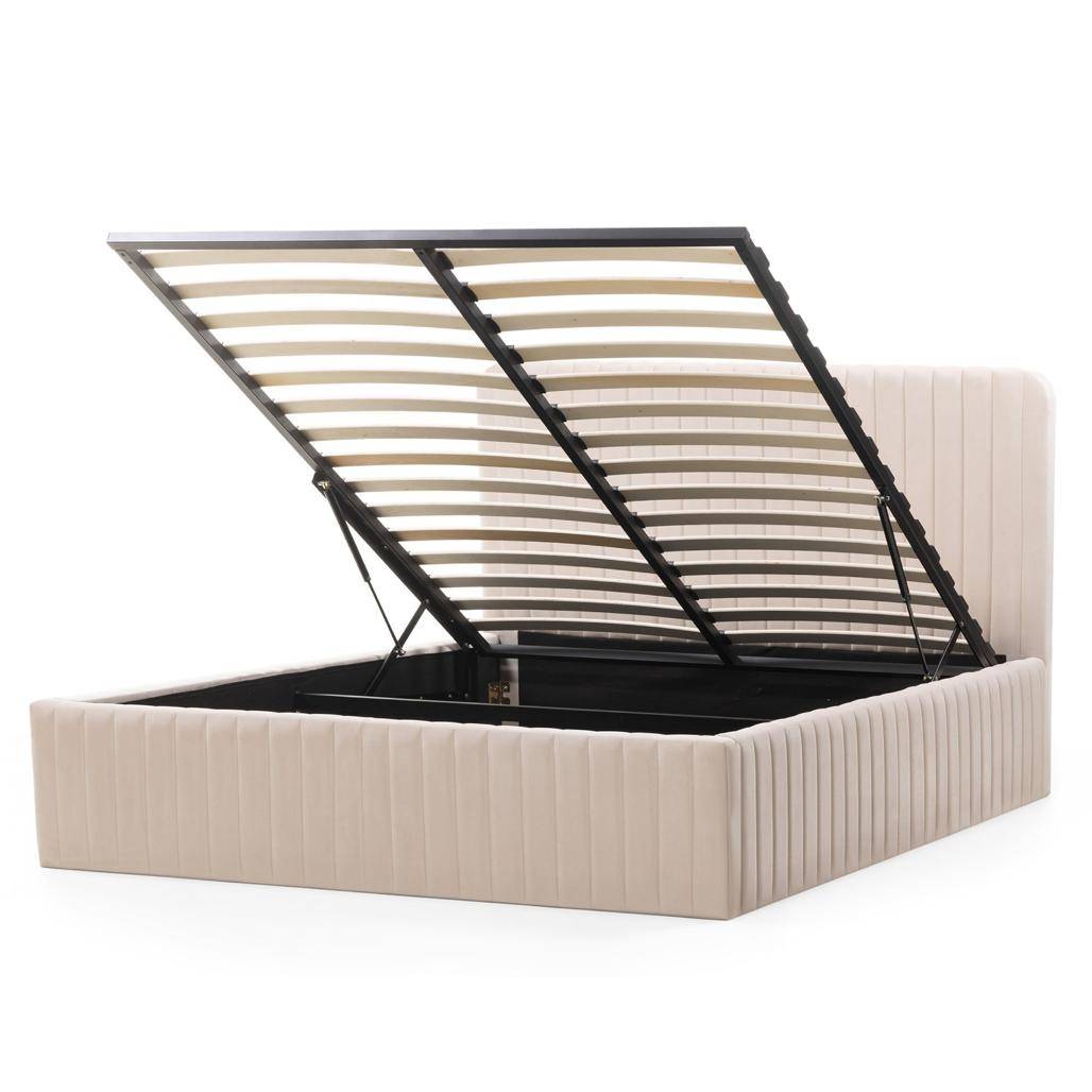Letto imbottito 160x200 cm ANDRE, velluto beige, con contenitore