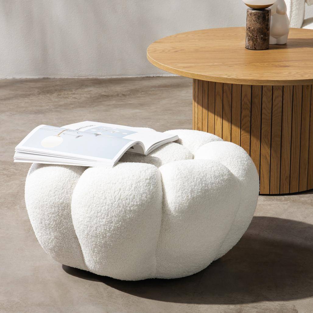 Pouf PERLE, Bianco Bouclé, Forme Arrotondate