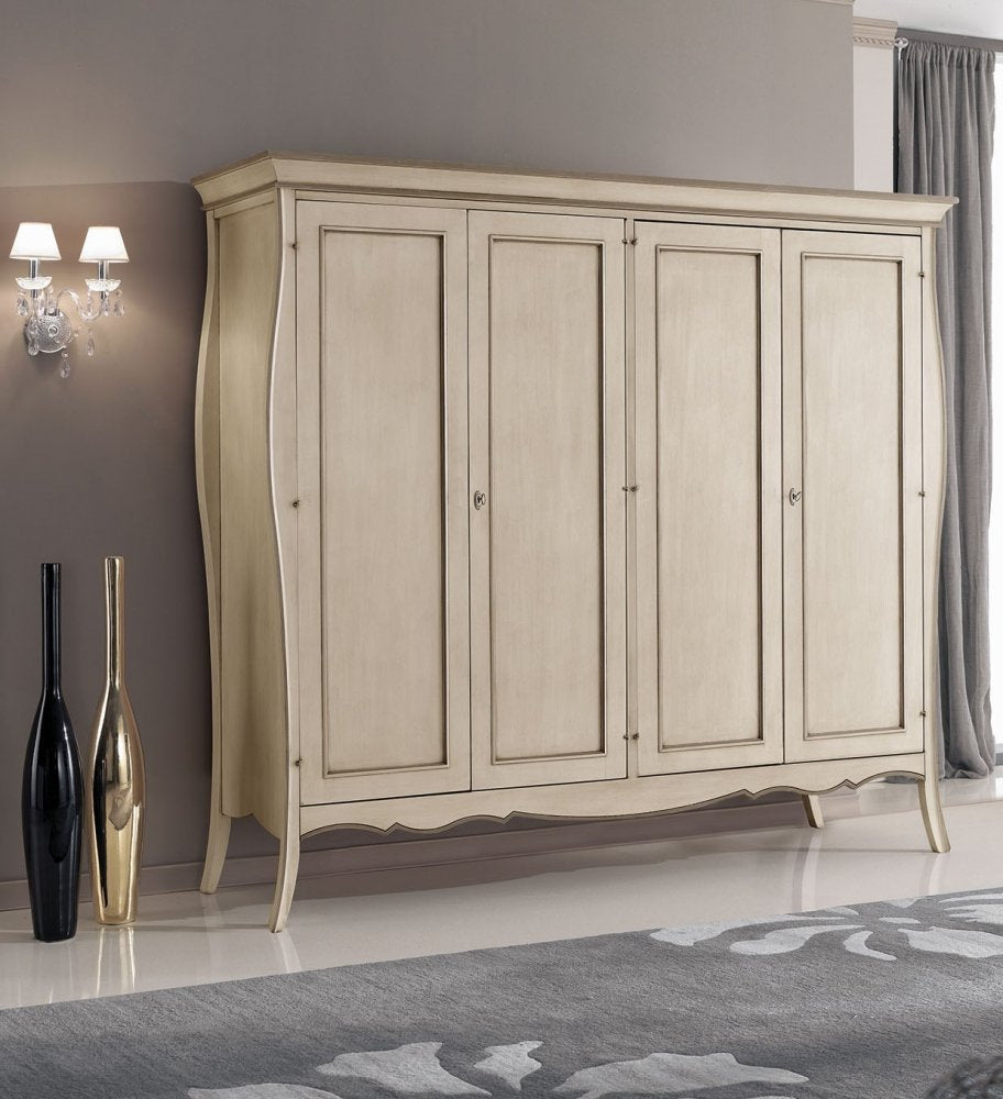 Geschwungener 4-türiger Kleiderschrank aus taubengrauem Elfenbeinholz B.235x T.64 H.212