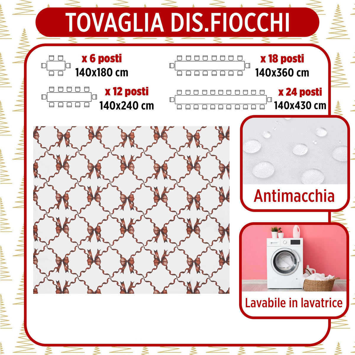 Christmas Tablecloth, Stain-Resistant, 18-Seater, Christmas Bow, Waterproof, No-Iron 6909
