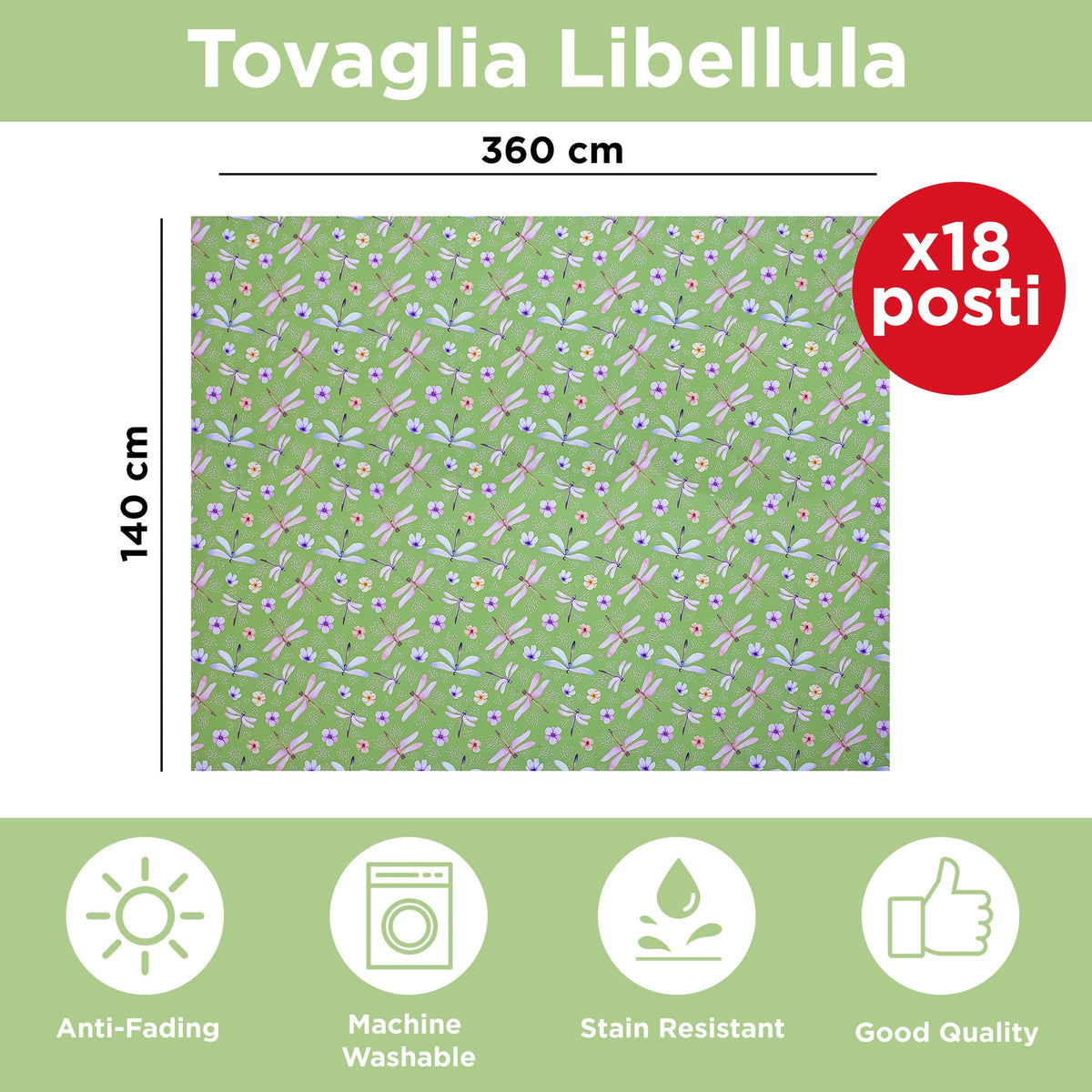 Stain-resistant waterproof tablecloth for 18 seats, Dragonfly print, 140x360 6921
