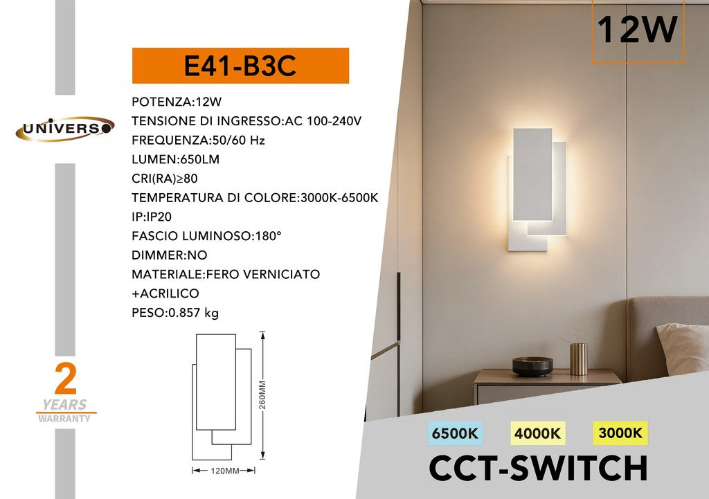Applique Led Luce Bianca Vetro Da Parete 12w Lampada Moderno Luce 3 colori CCT (Bianco Freddo, Naturale e Caldo)