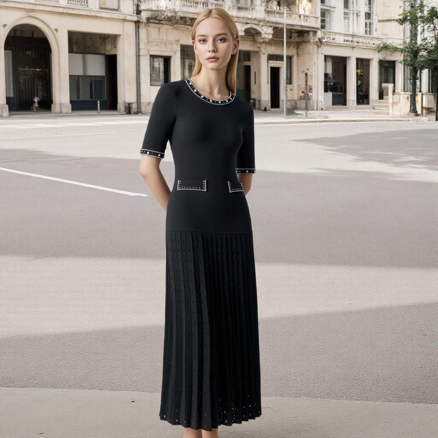Abito lungo elegante per donna con perline