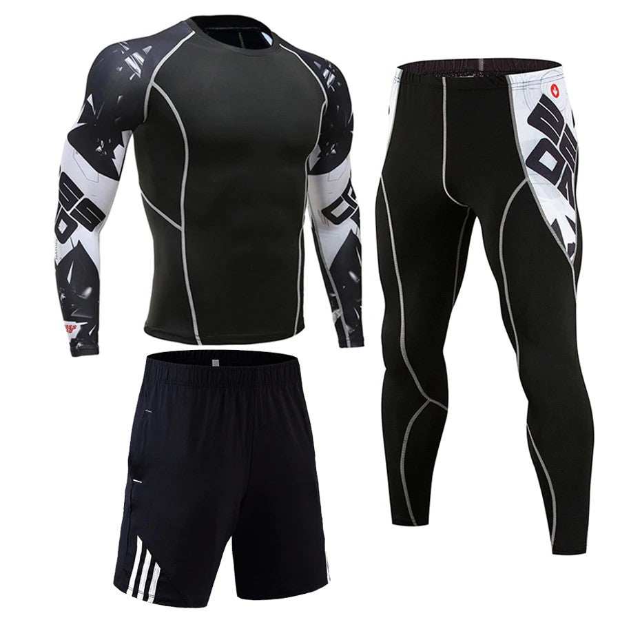 Tuta Sportiva a Compressione Uomo – Completo 3 Pezzi Fitness Palestra Elasticizzato