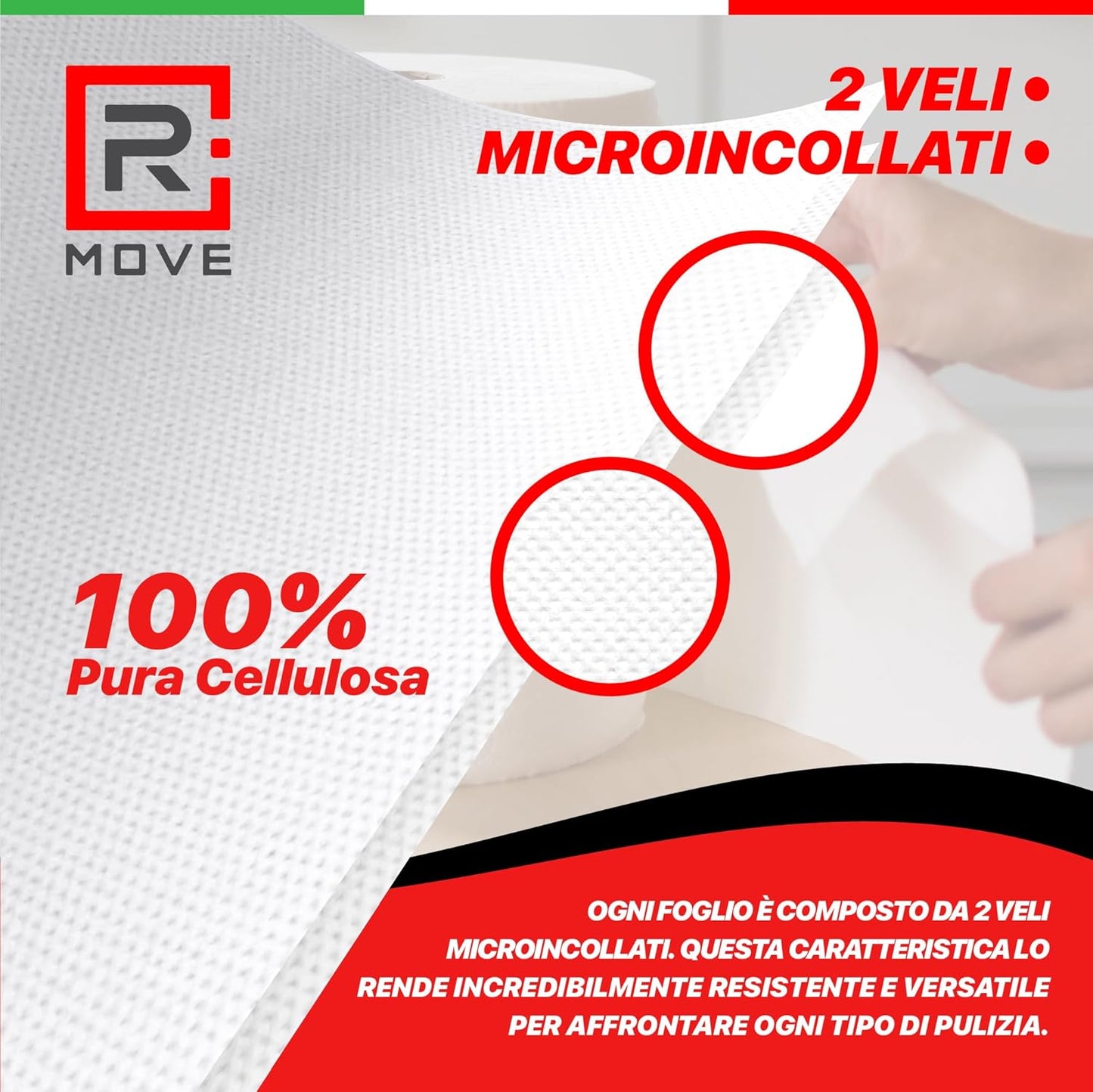 R Move 2 Rollen Haushaltspapier, Industrielle professionelle Handtuchrolle mit 800 Abrissen, langlebige, extra starke Handtuchrolle aus reiner Zellulose, saugfähige Küchenhandtücher 1600 Abrisse insgesamt
