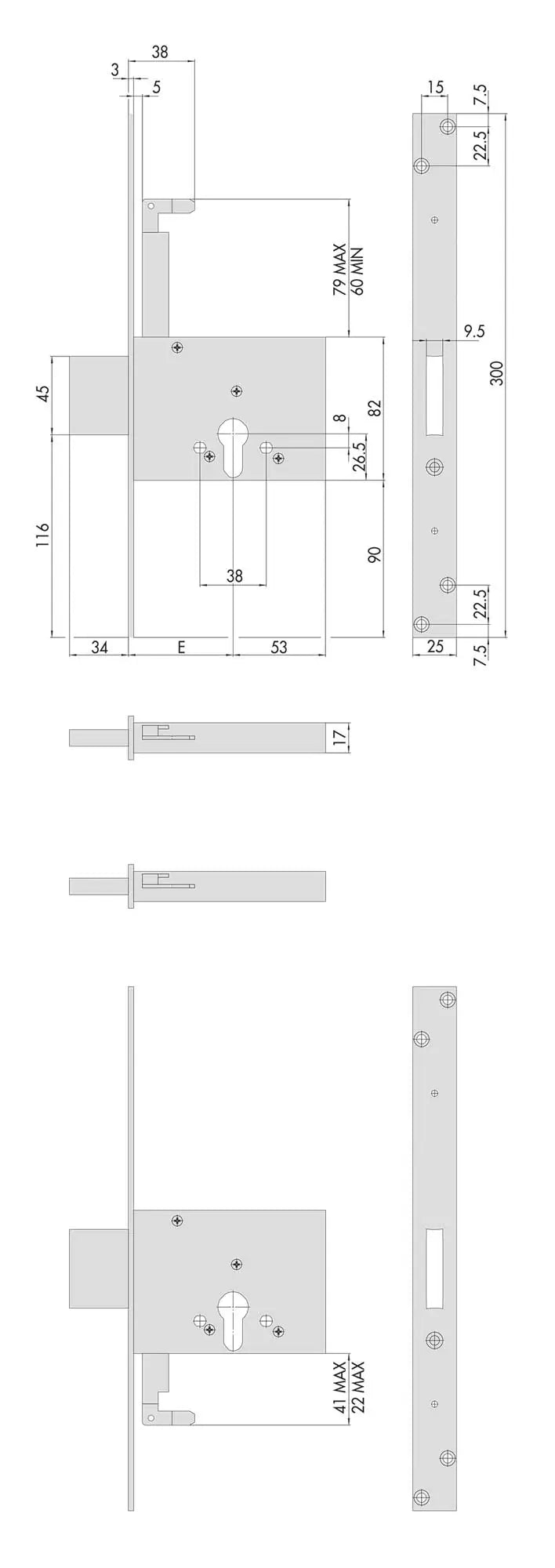 Serratura a Cilindro Triplice E.60 '56021' con Accessori Completi