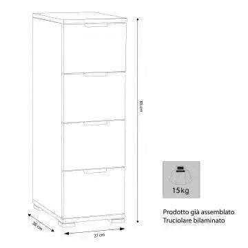 Cassettiera 4 Cassetti Naturale - Dimensioni: cm 27 x 38 x 85 h