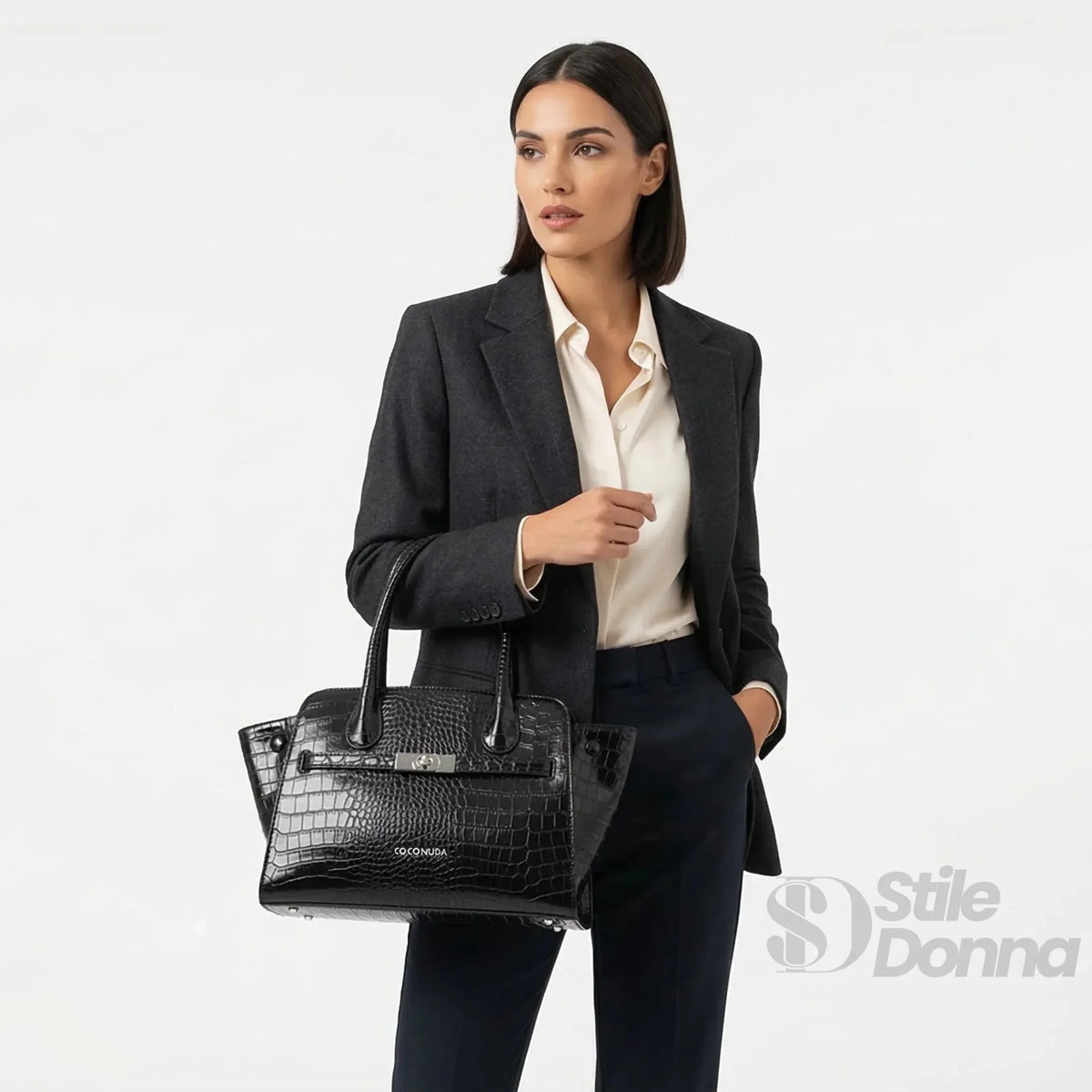 Coconuda Black Glossy Patent Leather Handbag with Handles