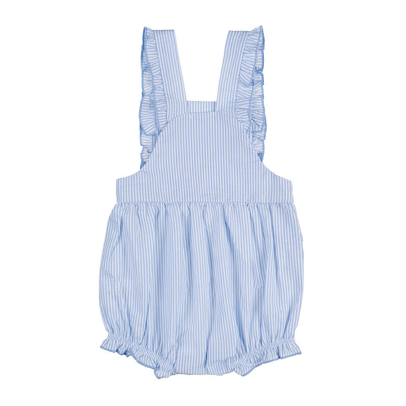 T-shirt bianca con salopette a righe azzurre e bianche