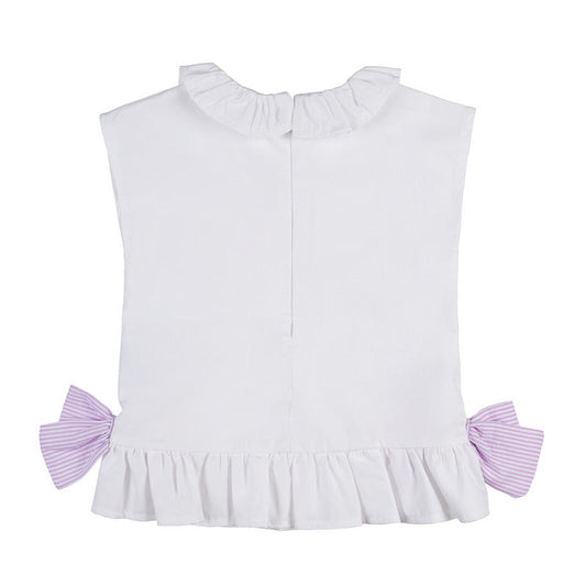 Blusa bianca con frappa e fiocchi a righe lilla