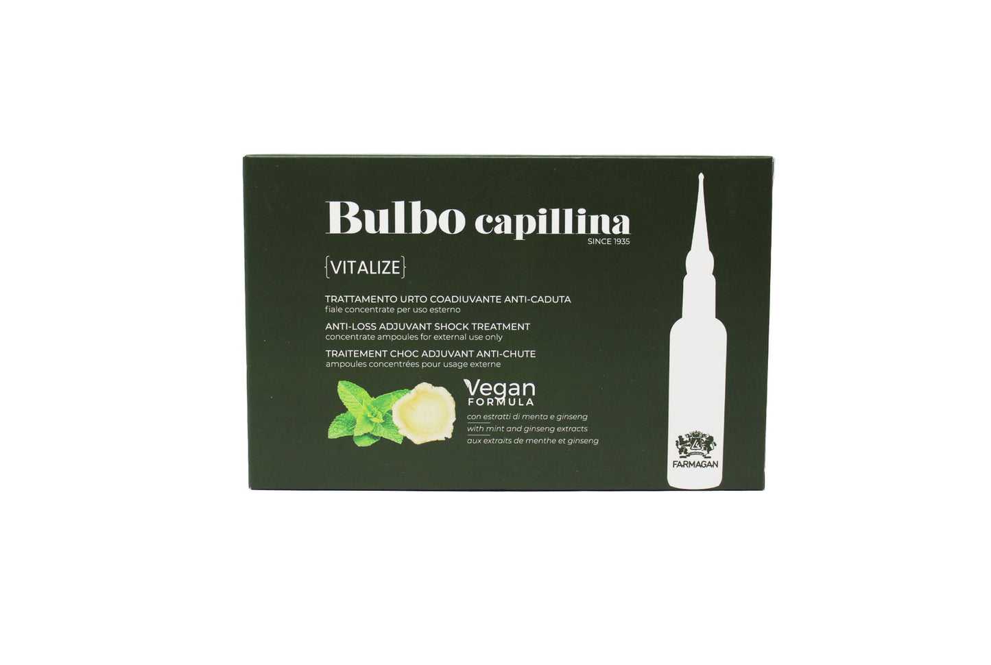 Farmagan Bulbo Capillina Formel Vegan Vitalize Stoßbehandlung Hilfsmittel gegen Haarausfall für Haare 10 Ampullen à 7,5 ml