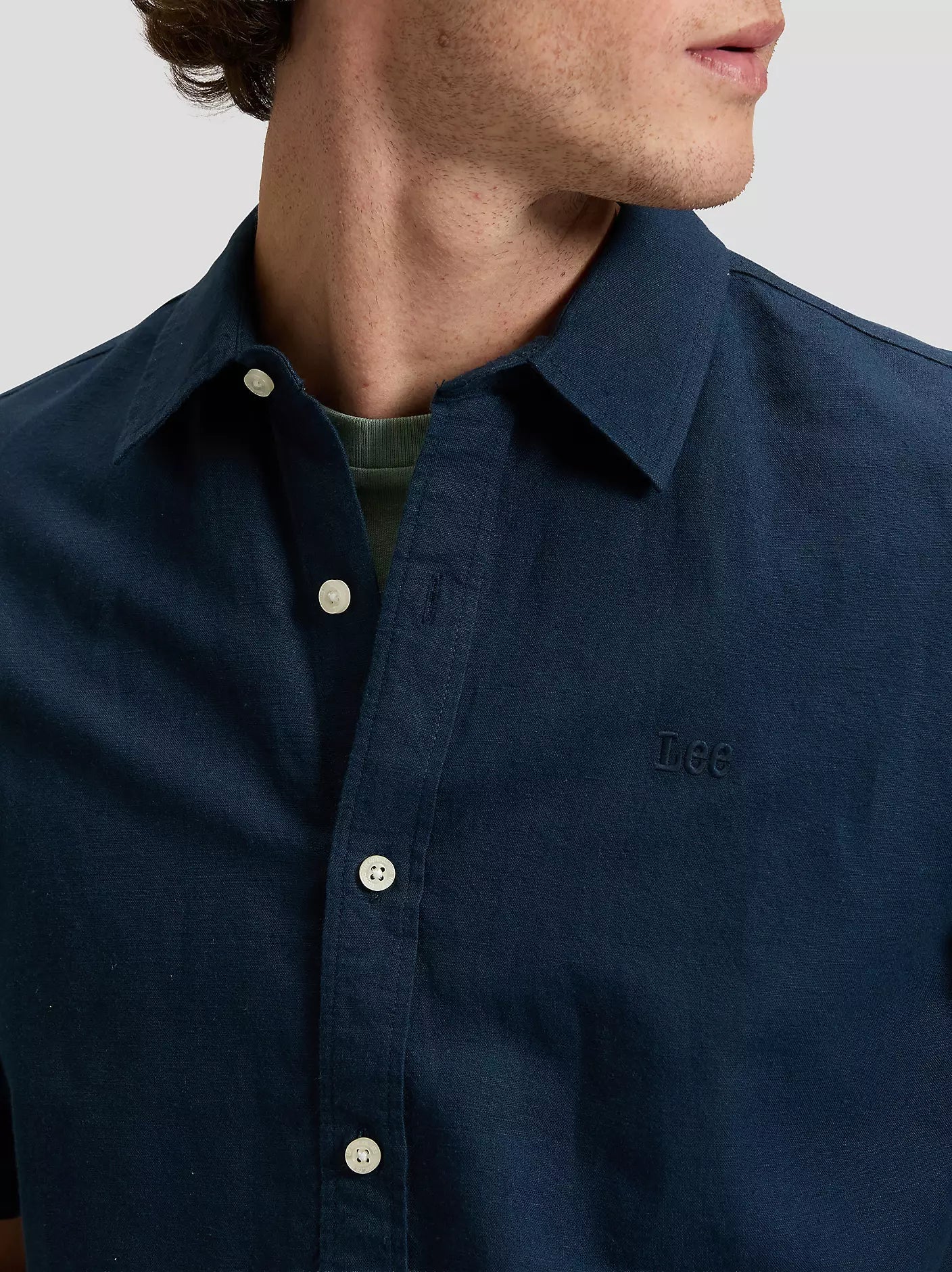 Lee Camicia Uomo Manica Corta 112376564 Rivet Navy Lino Cotone