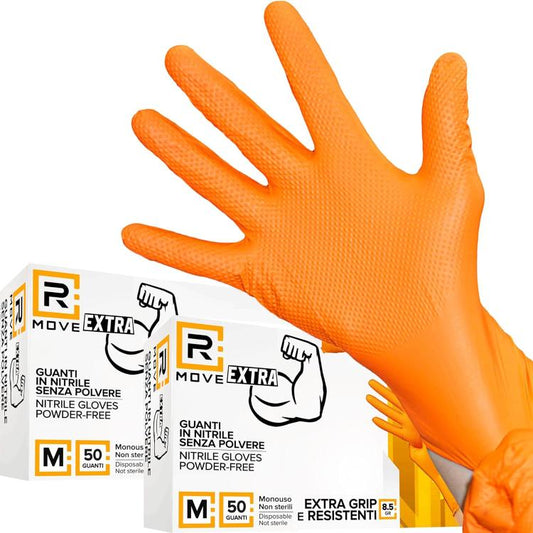 Rmove 50Pz 8.5Gr da Lavoro Guanti Nitrile Arancione Senza Polvere Full Grip (M)