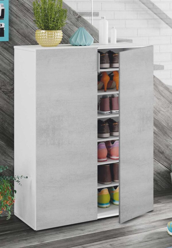 Rollbarer Schuhschrank weiß und Zement 72x36x101h mit 6 Böden und Sockel für 28 Paar Schuhe