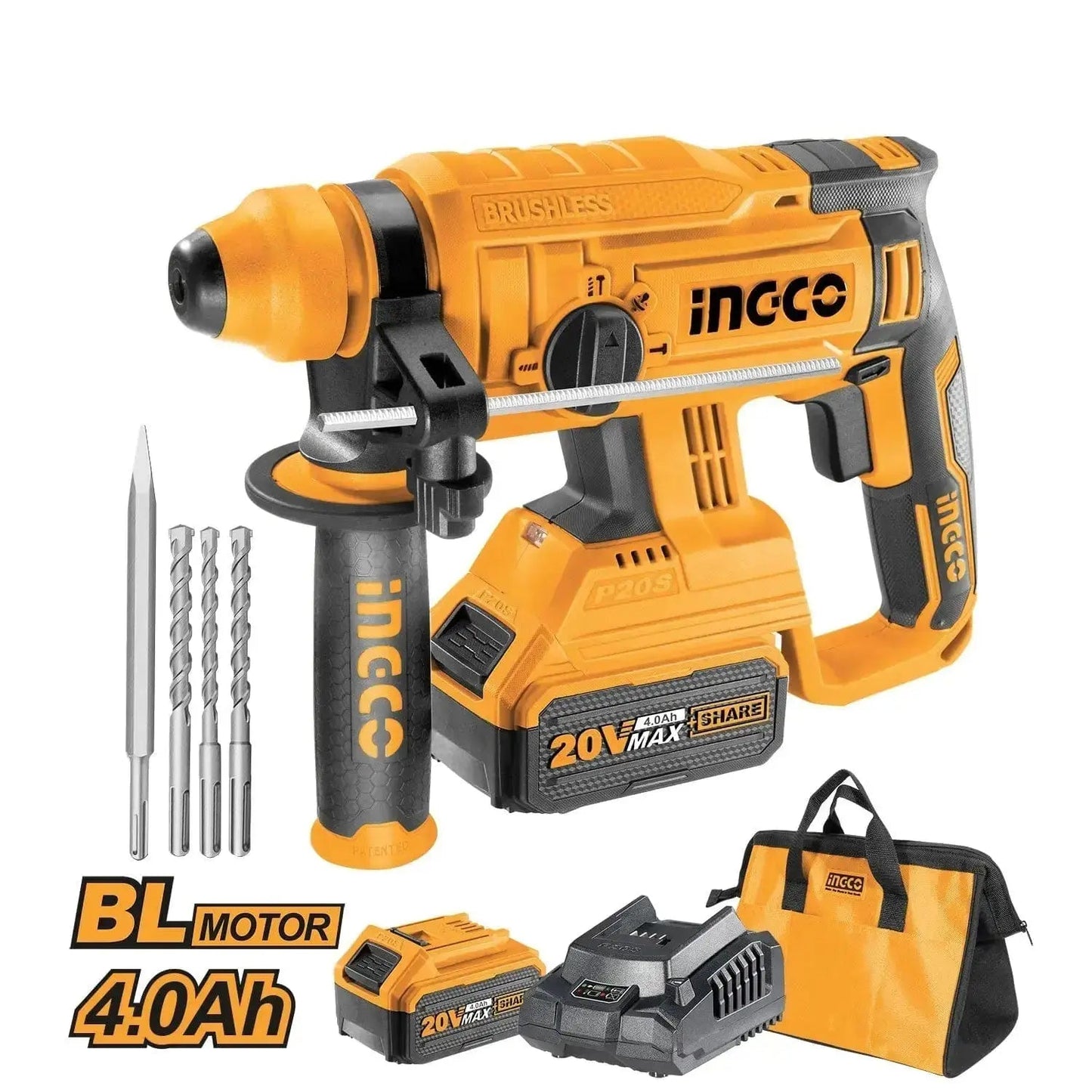 Martello demolitore brushless SDS Plus 20V con 2 batterie e accessori Ingco