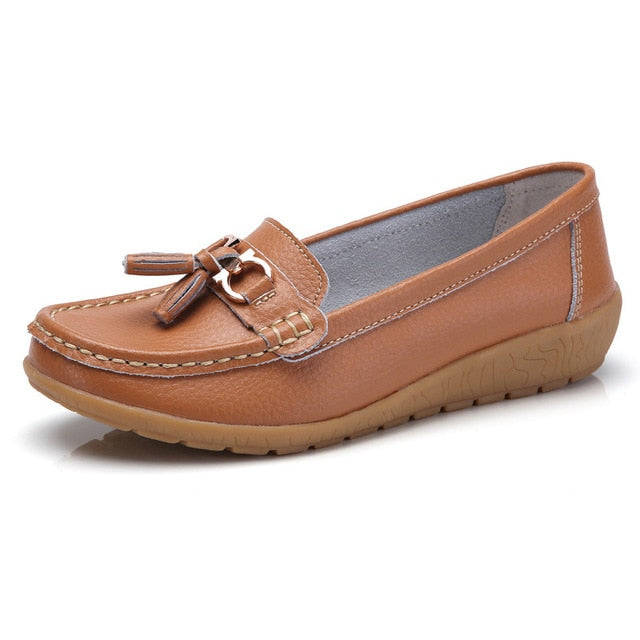 Mocassini Donna Estivi in Vera Pelle con Punta Tonda Slip-On