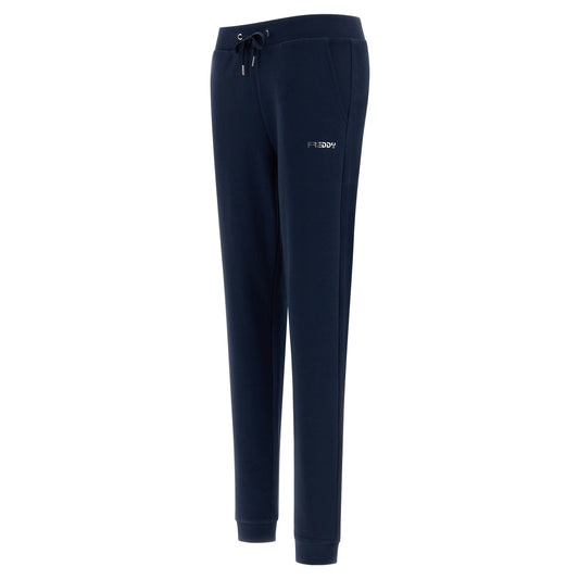Freddy pantalone sportivo in interlock con stampa in argento e fondo con polsino S3WBCP8 B94 blu navy