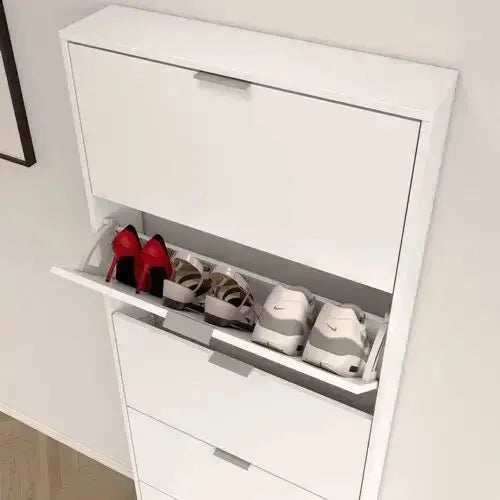 Schuhschrank 5 Klappen Weiß - platzsparend, 70x17x180 cm, Fassungsvermögen 15 Paar