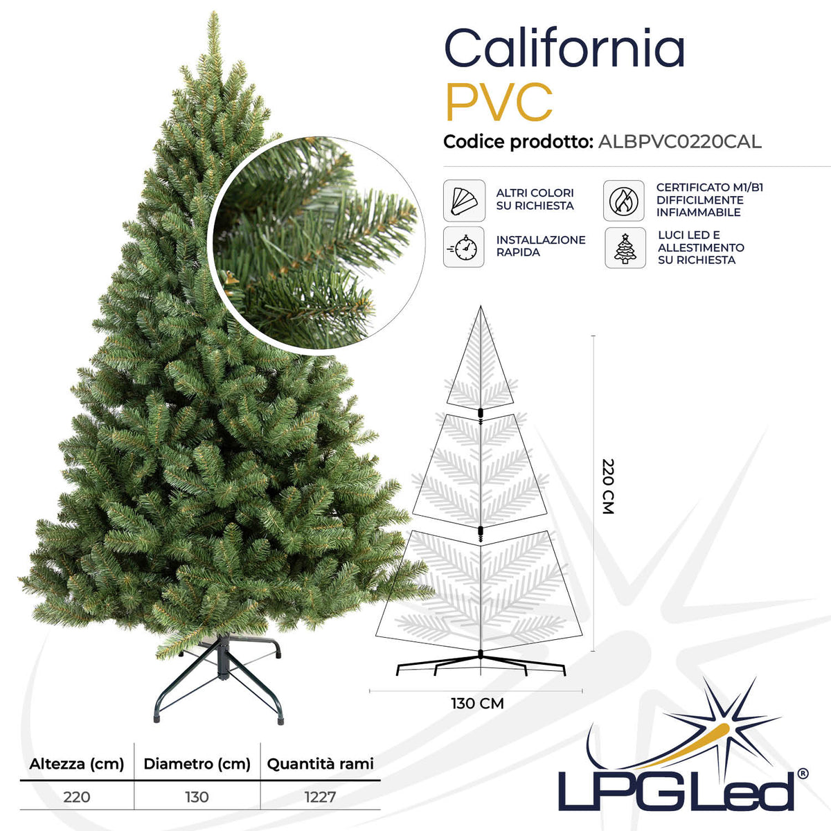 Albero di Natale artificiale PVC | CALIFORNIA | da 220cm | rami 1227