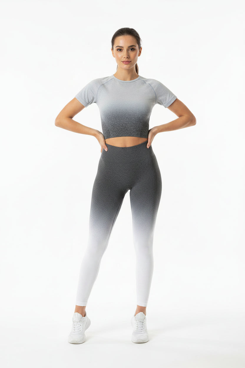 Tuta sportiva da donna a manica corta sfumata, abbigliamento da palestra senza cuciture per Donna