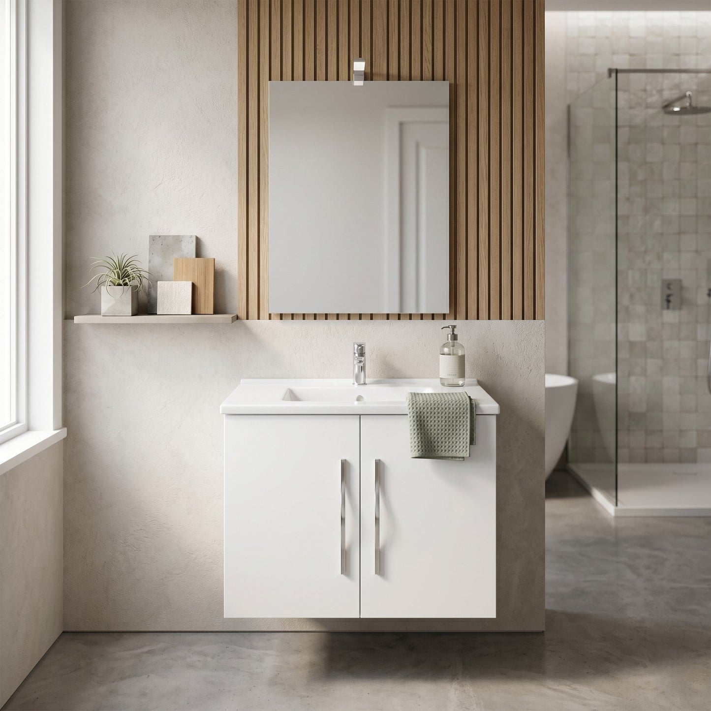 Composizione bagno 61cm , lavabo in ceramica , mobile e specchio con lampada modello Corallo 4052