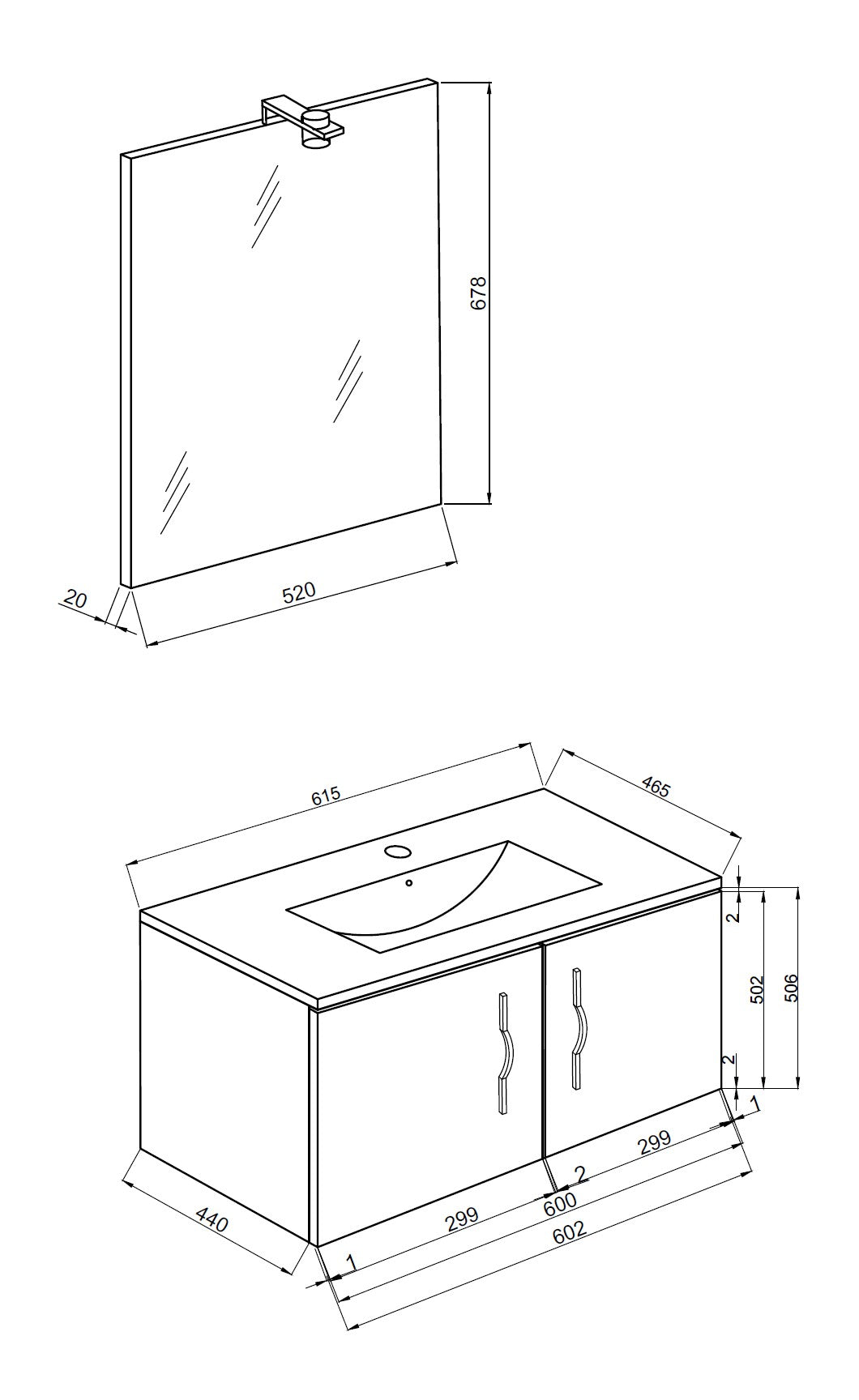 Composizione Bagno Sospeso 61cm Rovere Grigio - 2 Ante + LED Modello Corallo 4452