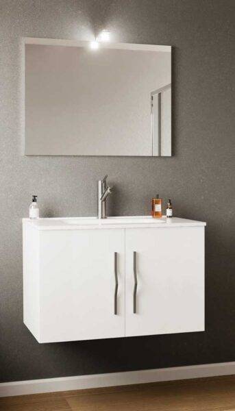 Hängender Badezimmerschrank 81x46 cm mit Waschbecken, Spiegel und Strahler – Perlweiß