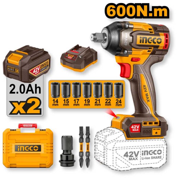 Schlagschrauber 42V 1/2" 600Nm Brushless – 2 Akkus 2.0Ah