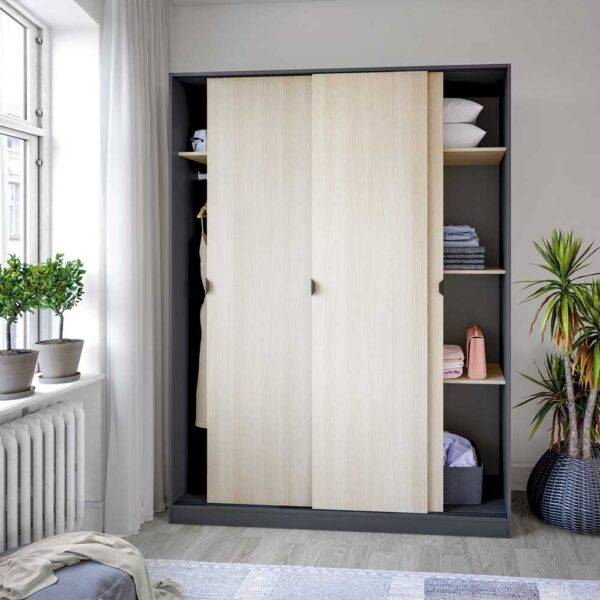 Kleiderschrank 3 Schiebetüren 150x50x200h Eiche und Anthrazitgrau