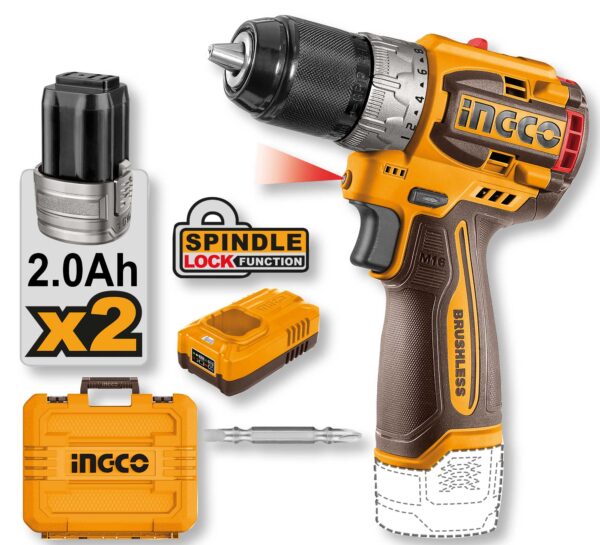 Trapano brushless 16V, 60 Nm, con 2 batterie 2.0Ah, caricatore e valigetta
