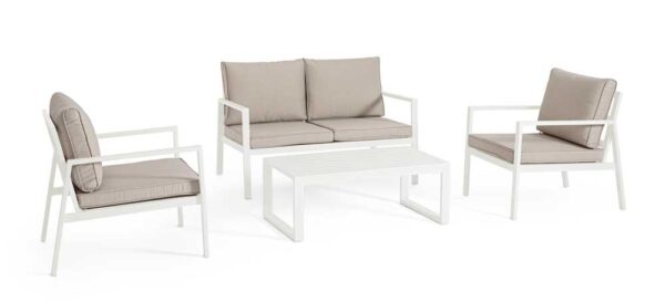 Salotto Hilde aus weiß lackiertem Aluminium – 1 Sofa, 2 Sessel und Couchtisch