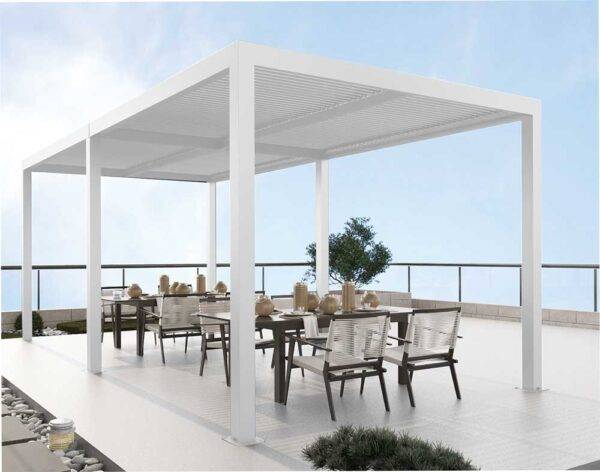 Pergola bioclimatica con alluminio bianco, dimensioni 3x6x2,5H