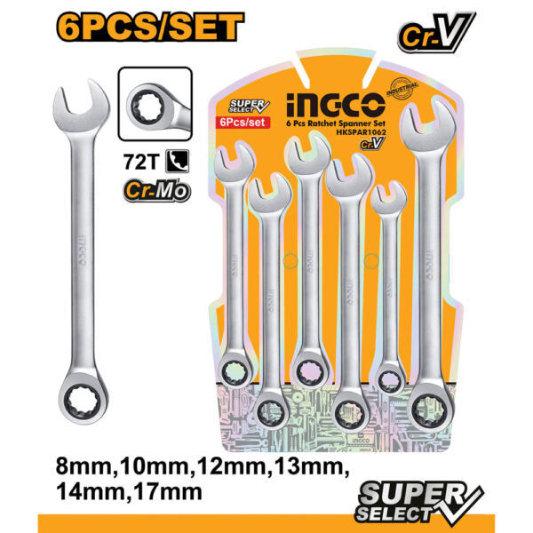 Set 6 chiavi a cricchetto 8-17mm – Acciaio Cr-Mo, finitura CR-V