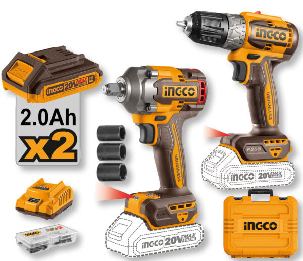 Set trapano + avvitatore a impulsi 20V, brushless, 2 batterie 2Ah