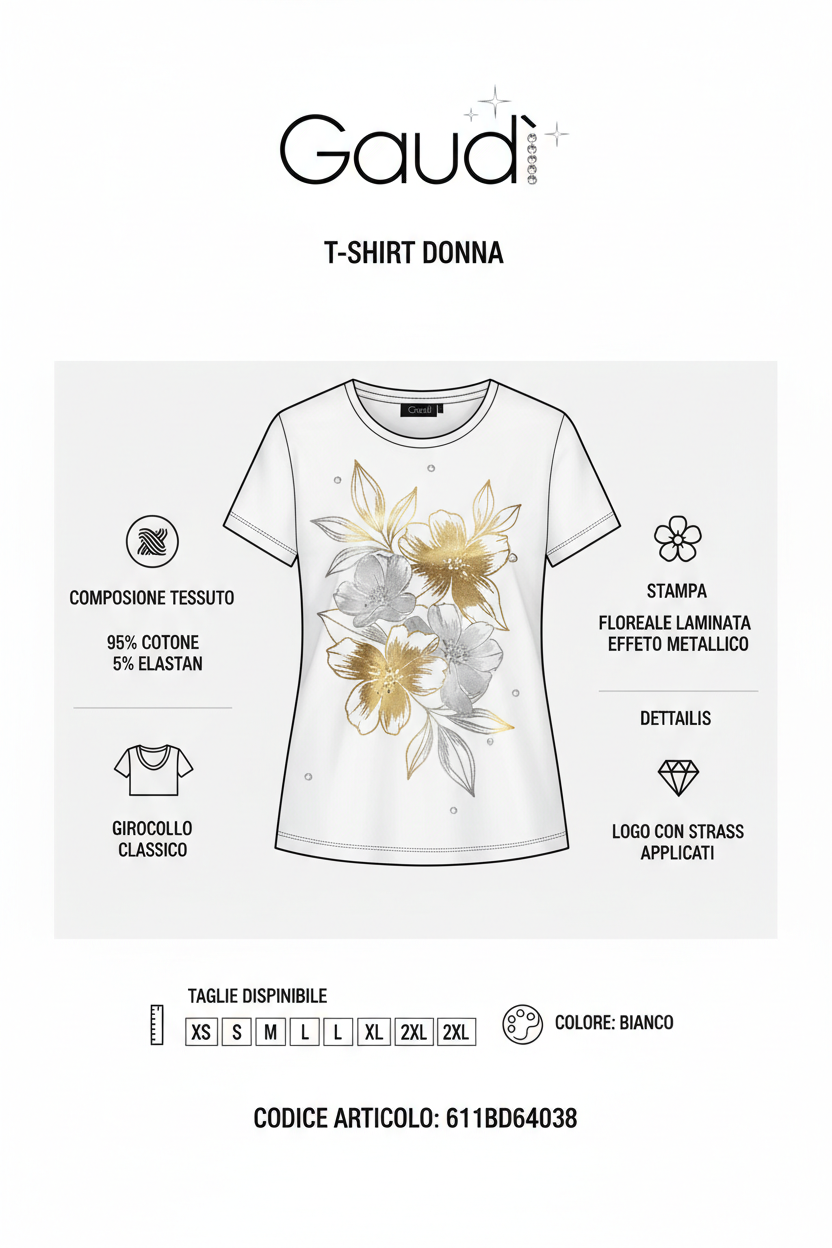 Gaudì T-shirt Donna Stampa Floreale Laminata Strass 611BD64038 Bianco