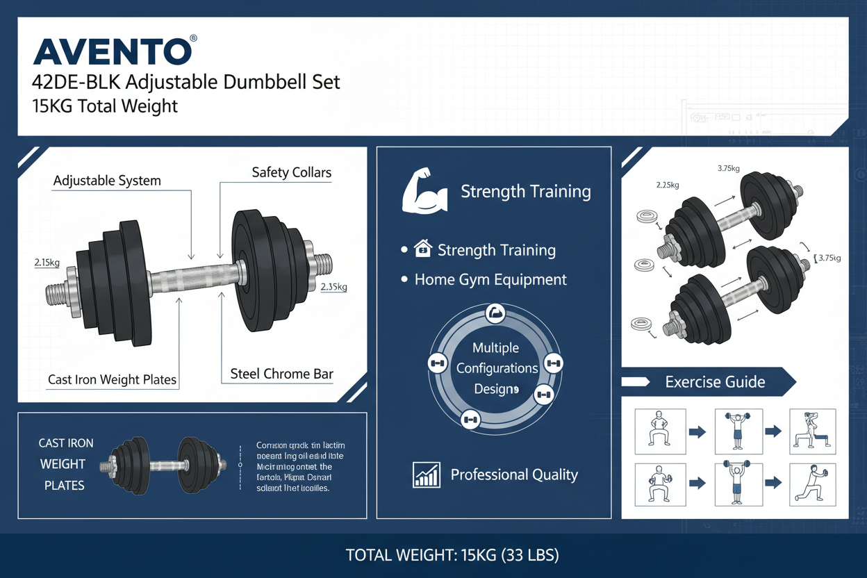 Avento Set Manubrio Regolabile Nero 15Kg Ghisa Acciaio 42DE-BLK