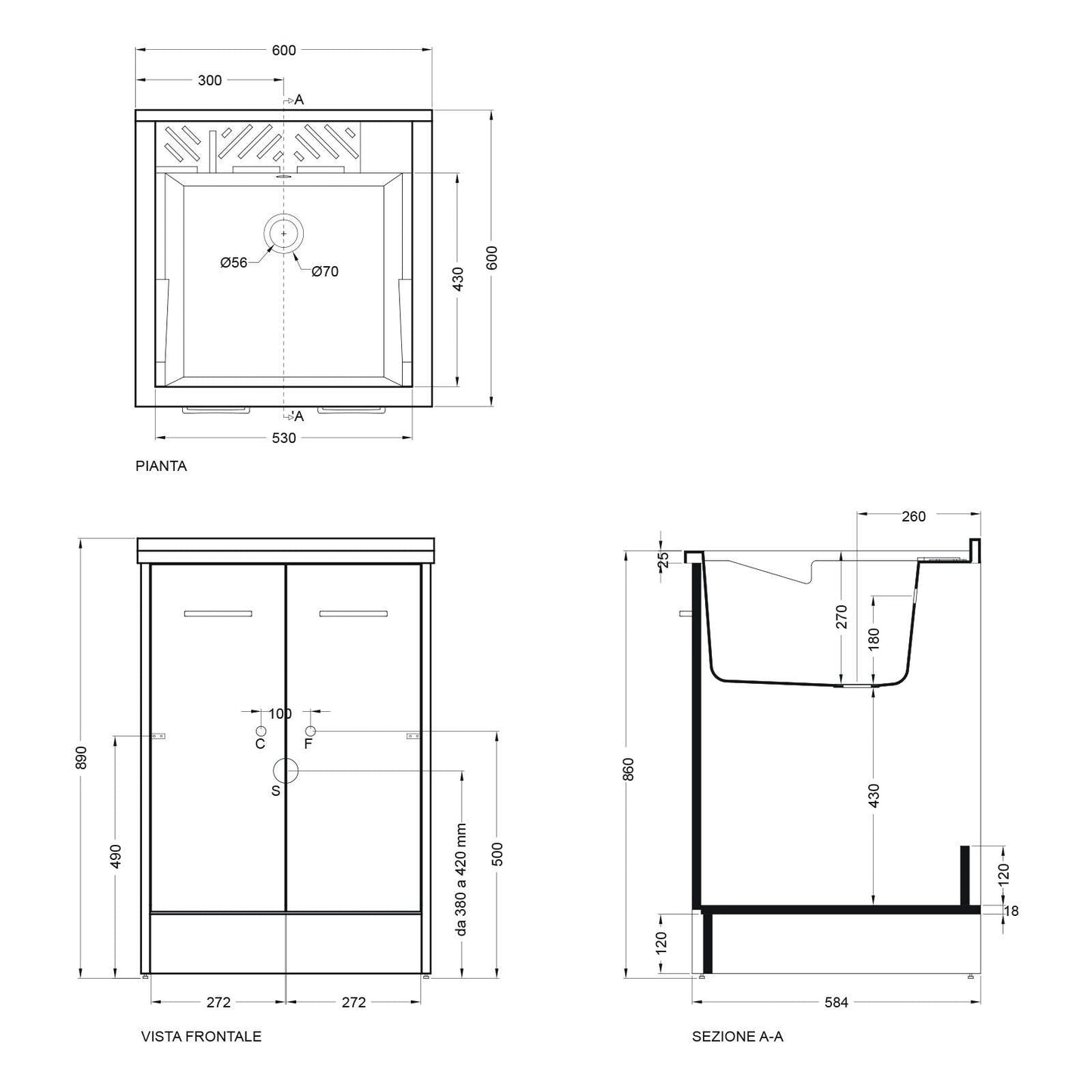 Lavatoio Lavapanni Domestica Colavene 60x60x86h cm con vasca e mobile contenitore