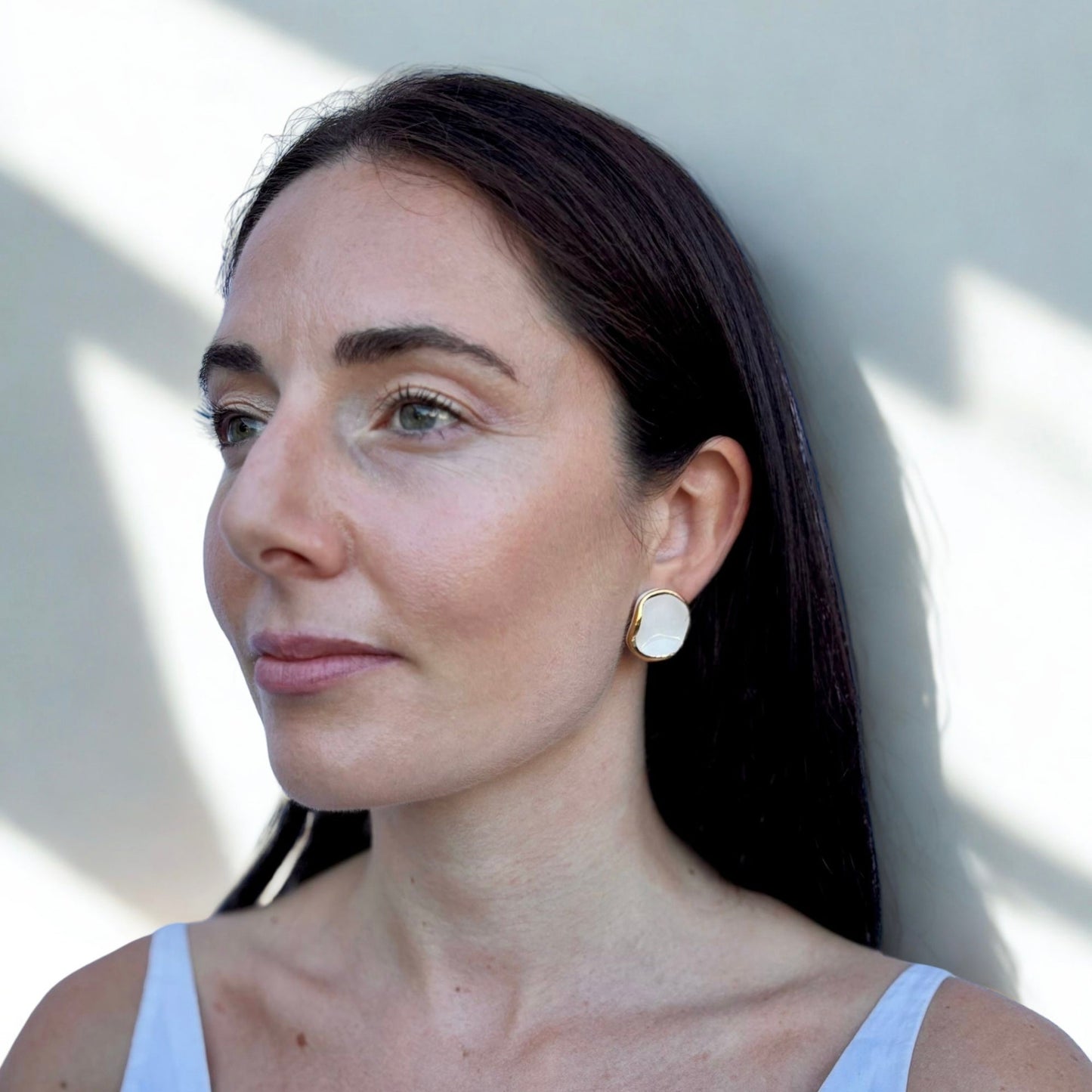 Leda | Handcrafted white ceramic stud earrings with gold luster