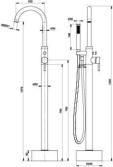 Miscelatore da terra a piantana mod. Zeda per vasca con deviatore e doccetta inclusa design minimale